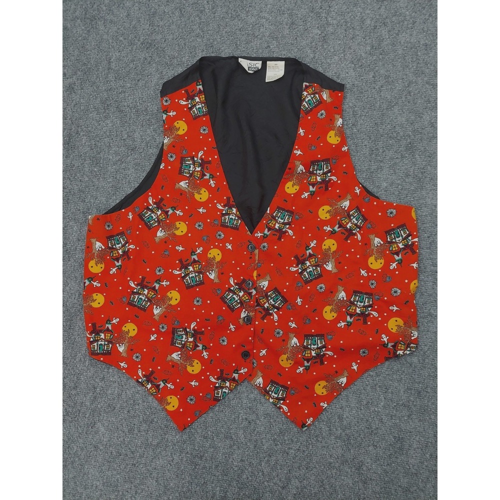 Vtg Basic Editions Halloween Vest Womens‎ 18W Orange Black Ghost Spooky House